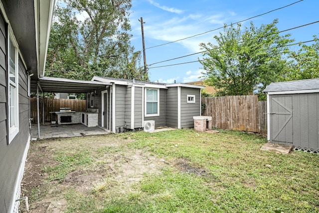 view of yard with a storage unit and a patio