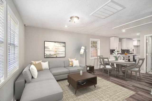 living room with wood-type flooring and a textured ceiling