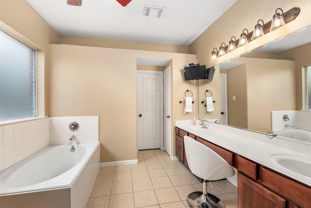 bathroom with vanity, ceiling fan, tile patterned floors, and a bathtub