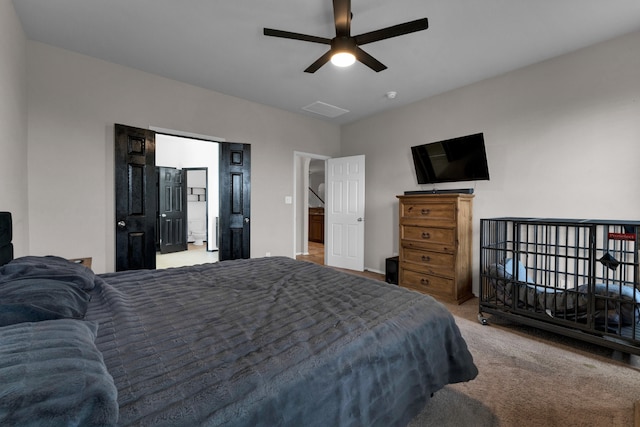 carpeted bedroom featuring ceiling fan