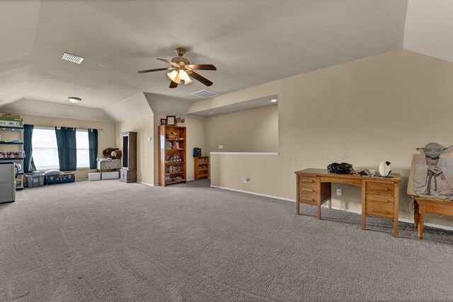 living room with vaulted ceiling, carpet flooring, and ceiling fan