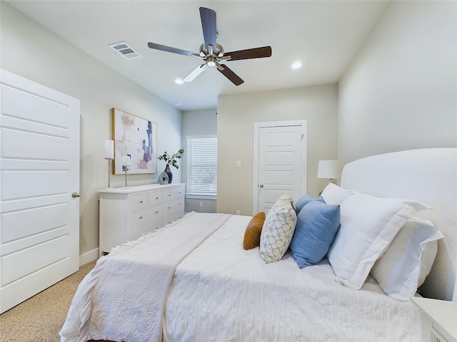 carpeted bedroom featuring ceiling fan