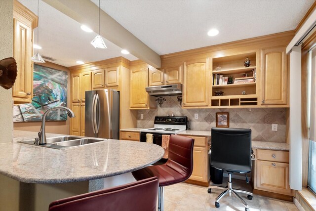 kitchen featuring light tile patterned flooring, white range with electric cooktop, tasteful backsplash, stainless steel refrigerator, and sink