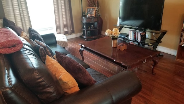 living room with dark hardwood / wood-style flooring