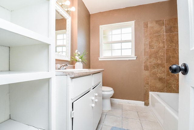 full bath featuring vanity, tile patterned flooring, toilet, and baseboards