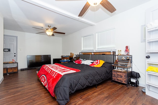 bedroom featuring dark wood-type flooring and ceiling fan