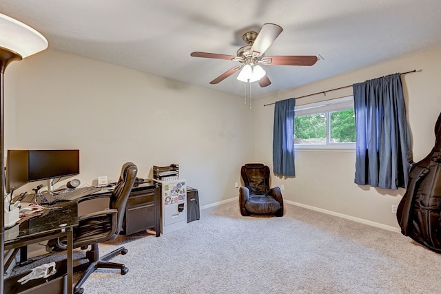 carpeted office with ceiling fan