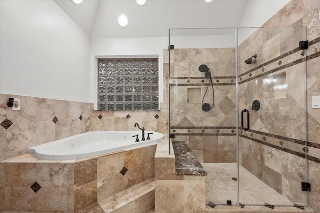 9819 Crestwater Cir, Magnolia, TX 77354 - full bath featuring a garden tub, a shower stall, lofted ceiling, and recessed lighting