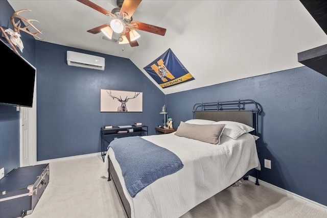 bedroom with ceiling fan, lofted ceiling, carpet flooring, and an AC wall unit