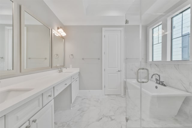 bathroom with double vanity, tile walls, tile patterned flooring, and separate shower and tub