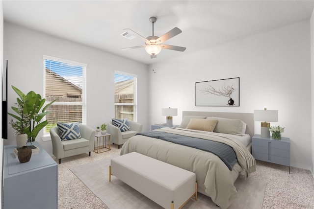 bedroom with light colored carpet and ceiling fan