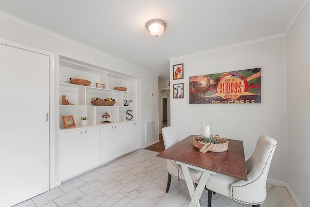 tiled dining space with ornamental molding