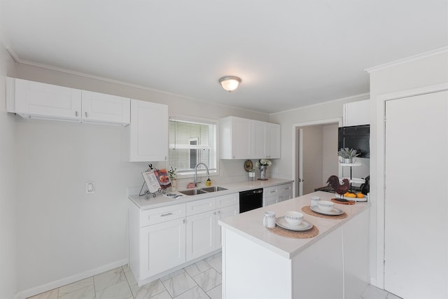 kitchen with sink, black dishwasher, and white cabinets