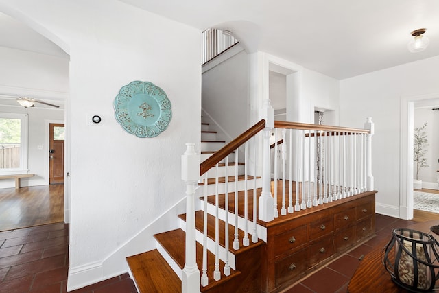 staircase featuring ceiling fan