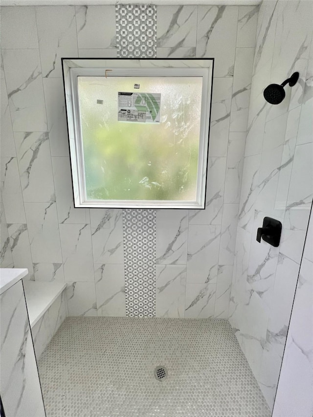 bathroom with tiled shower and a wealth of natural light