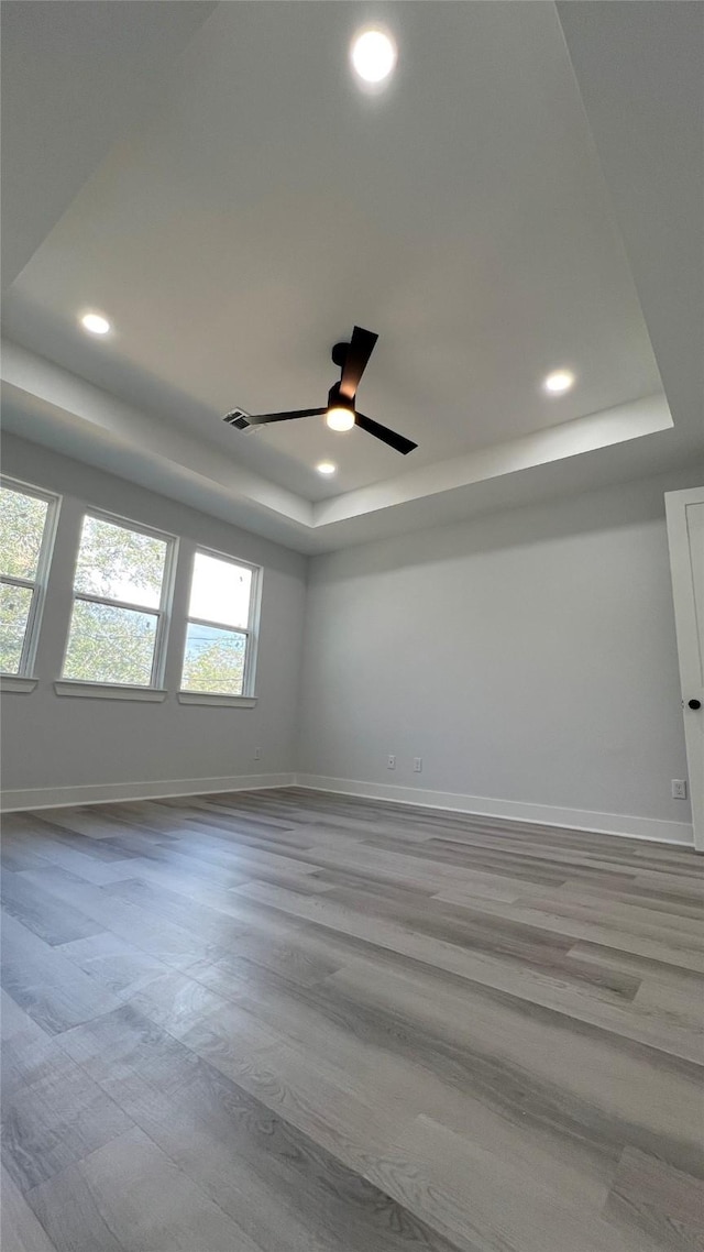 unfurnished room with light wood-type flooring, a raised ceiling, and ceiling fan