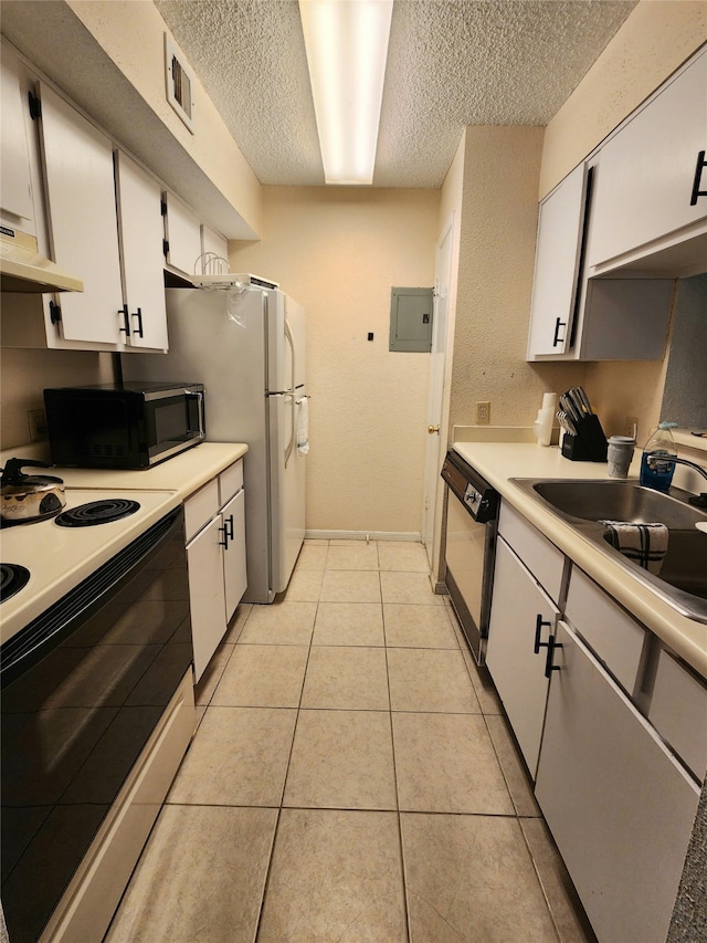 kitchen with white electric range, white cabinets, dishwasher, a textured ceiling, and light tile patterned floors