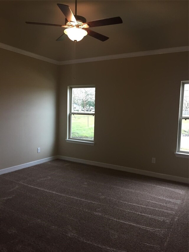 carpeted spare room with a wealth of natural light, ceiling fan, and ornamental molding