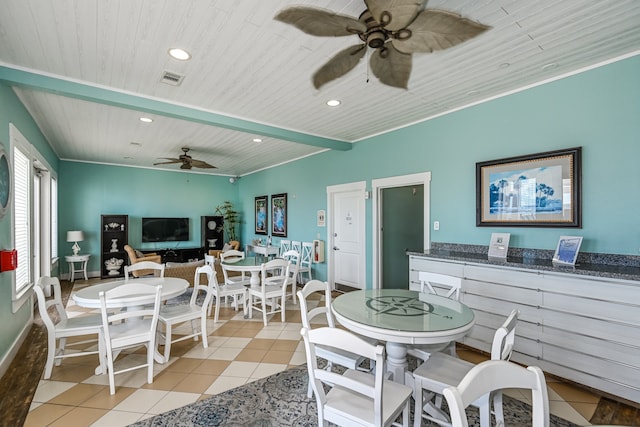 dining space featuring light tile patterned flooring, wooden ceiling, and ceiling fan