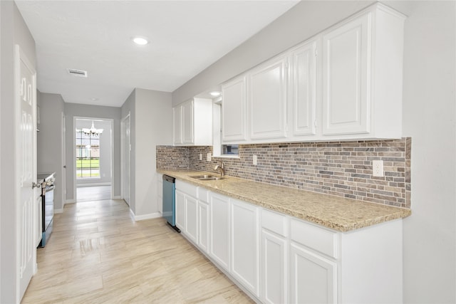 kitchen featuring white cabinetry, decorative backsplash, sink, dishwasher, and light stone counters