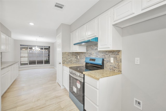 kitchen with white cabinetry, stainless steel electric range, light stone countertops, decorative backsplash, and pendant lighting