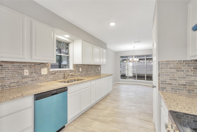 kitchen featuring stainless steel dishwasher, sink, tasteful backsplash, and white cabinets