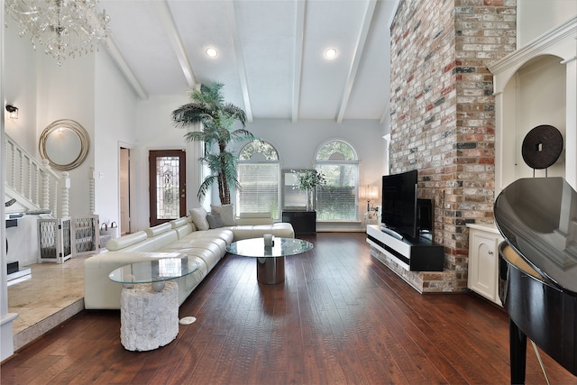 living room featuring beamed ceiling, a chandelier, high vaulted ceiling, and dark wood-type flooring