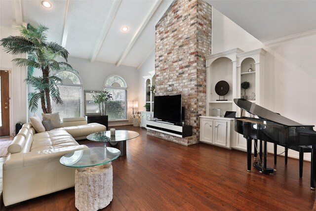 living room with beam ceiling, dark hardwood / wood-style flooring, and high vaulted ceiling