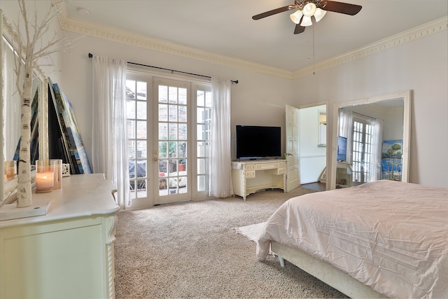 bedroom featuring carpet flooring, french doors, ceiling fan, and crown molding