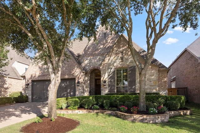 tudor house featuring a garage and a front yard