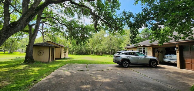 view of yard featuring a storage shed