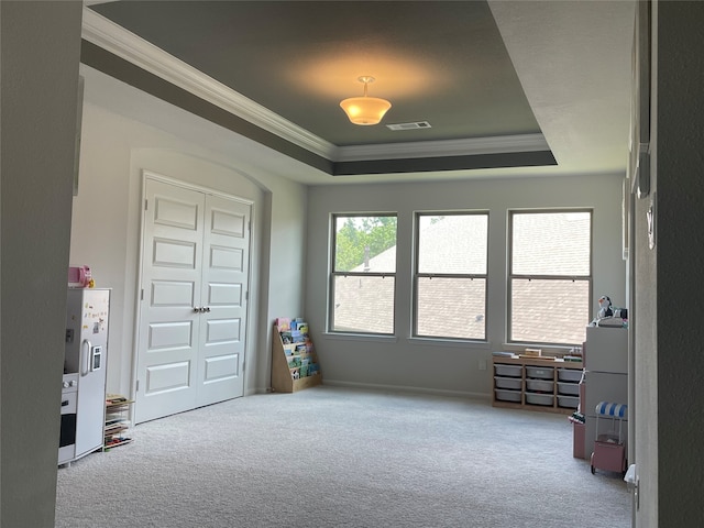 interior space featuring a raised ceiling, carpet, and ornamental molding