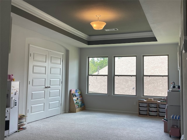 interior space with carpet floors, a closet, a raised ceiling, and ornamental molding