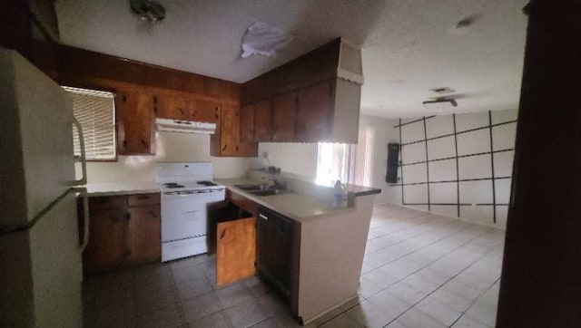 kitchen with sink, kitchen peninsula, and white appliances