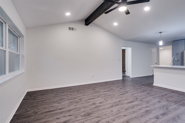 unfurnished living room with vaulted ceiling with beams, ceiling fan, sink, and dark wood-type flooring