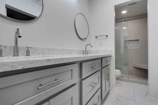 bathroom with vanity, toilet, and walk in shower