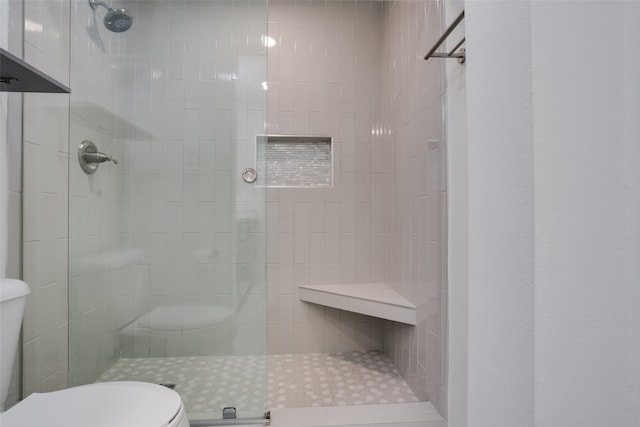 bathroom with a tile shower and toilet