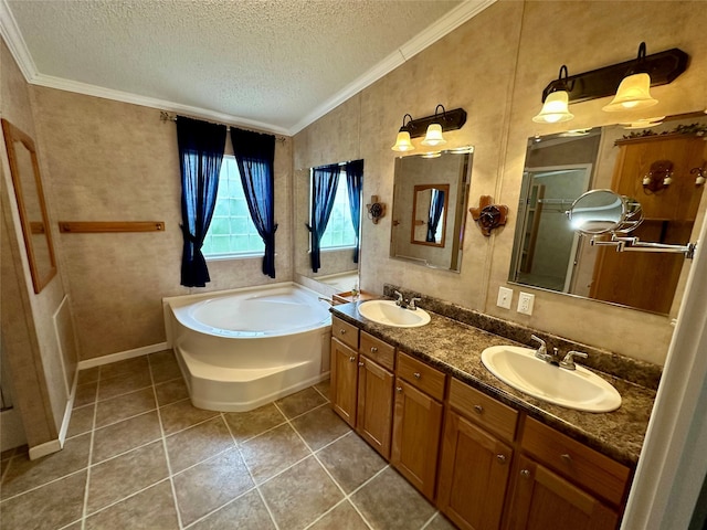 bathroom with a textured ceiling, independent shower and bath, tile patterned floors, crown molding, and vanity