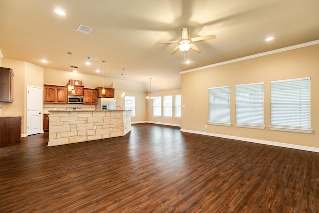 living room with ceiling fan, dark hardwood / wood-style floors, and crown molding