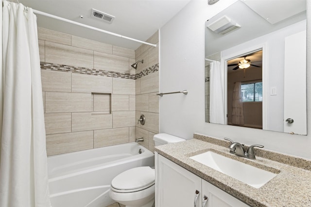 full bathroom with shower / bath combo with shower curtain, toilet, vanity, and ceiling fan