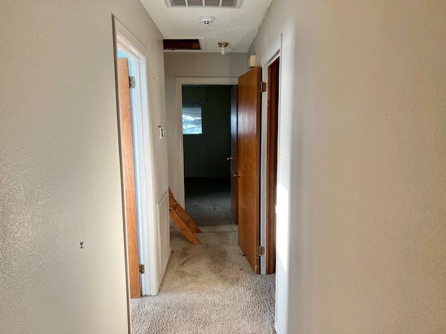 hallway featuring light carpet and a textured ceiling