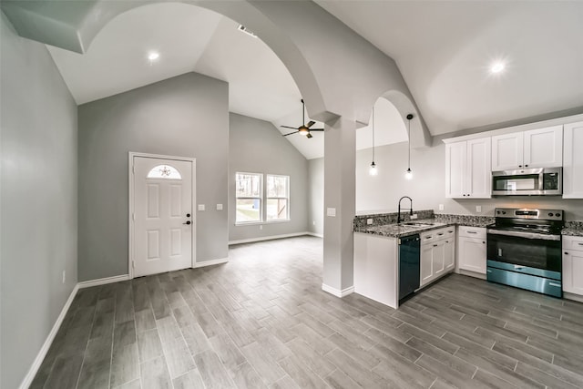 kitchen featuring ceiling fan, white cabinets, hardwood / wood-style flooring, and stainless steel appliances