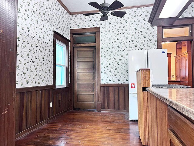 kitchen with dark hardwood / wood-style flooring, ornamental molding, ceiling fan, and white refrigerator