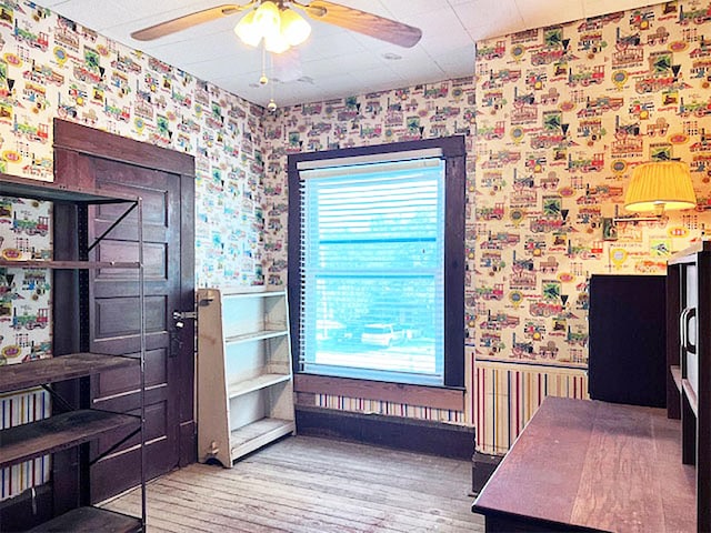 interior space featuring wood-type flooring and ceiling fan