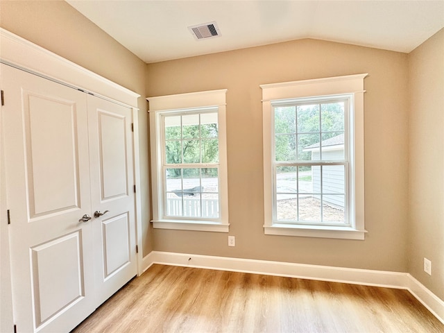 entryway featuring plenty of natural light, vaulted ceiling, and light wood-type flooring