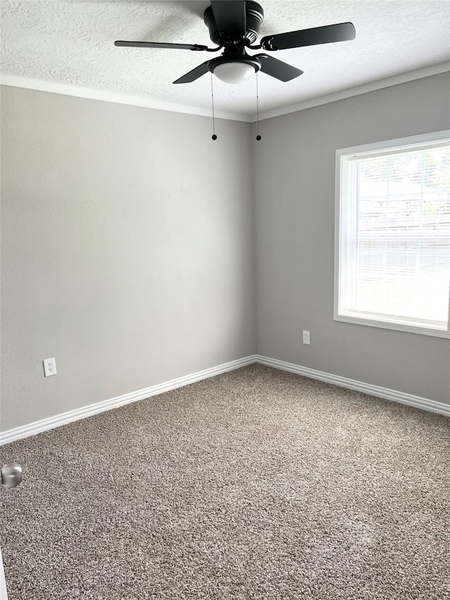 carpeted empty room featuring crown molding, a textured ceiling, and ceiling fan