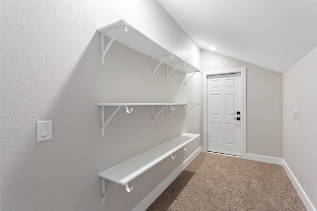 spacious closet with carpet floors and lofted ceiling