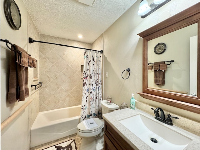 full bathroom with a textured ceiling, vanity, toilet, and shower / bathtub combination with curtain