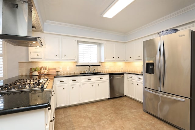 kitchen featuring sink, appliances with stainless steel finishes, white cabinetry, ornamental molding, and exhaust hood