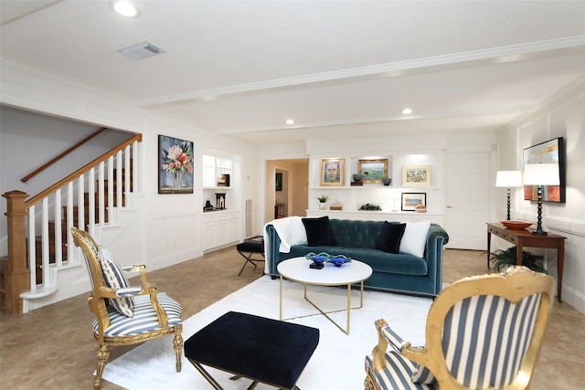 living room featuring beam ceiling